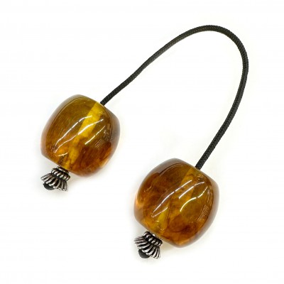 Μπεγλέρι με 2 χάντρες 27x26mm από σκόνη Κεχριμπάρι και ρητίνη διάφανο μελί με καφέ νερά