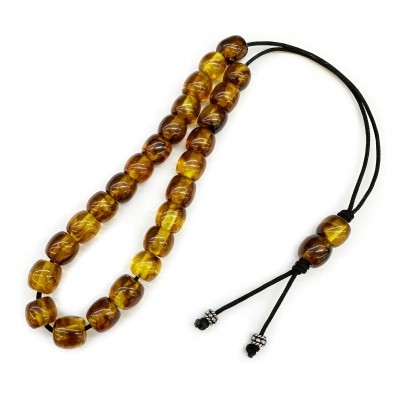 Κομπολόι με 25 χάντρες 11x10mm από σκόνη Κεχριμπάρι και ρητίνη διάφανο μελί με καφέ νερά