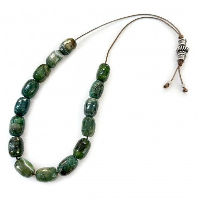 Komboloi with 15 Agate green barrel beads natural semi precious stones