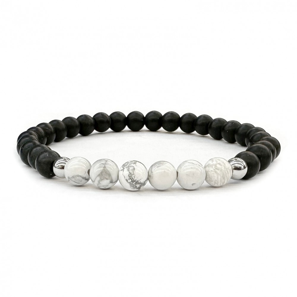 Χαολίτης λευκός (white Howlite) και όνυχας μαύρος ματ ελαστικό βραχιόλι με φυσικούς ημιπολύτιμους λίθους χάντρες 6mm Βραχιόλια με ημιπολύτιμους λίθους