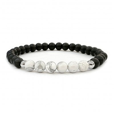 Χαολίτης λευκός (white Howlite) και όνυχας μαύρος ματ ελαστικό βραχιόλι με φυσικούς ημιπολύτιμους λίθους χάντρες 6mm