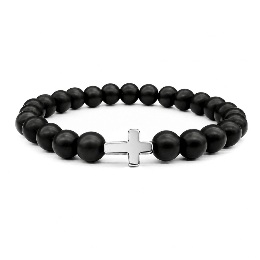 Όνυχας μαύρος ματ (Onyx) ελαστικό βραχιόλι με φυσικούς ημιπολύτιμους λίθους χάντρες 6mm / 8mm και Σταυρό από Ανοξείδωτο Ατσάλι Βραχιόλια με ημιπολύτιμους λίθους