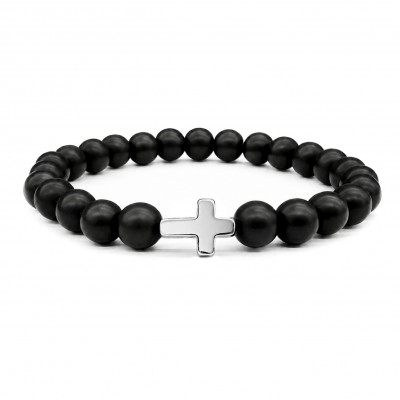 Όνυχας μαύρος ματ (Onyx) ελαστικό βραχιόλι με φυσικούς ημιπολύτιμους λίθους χάντρες 6mm / 8mm και Σταυρό από Ανοξείδωτο Ατσάλι