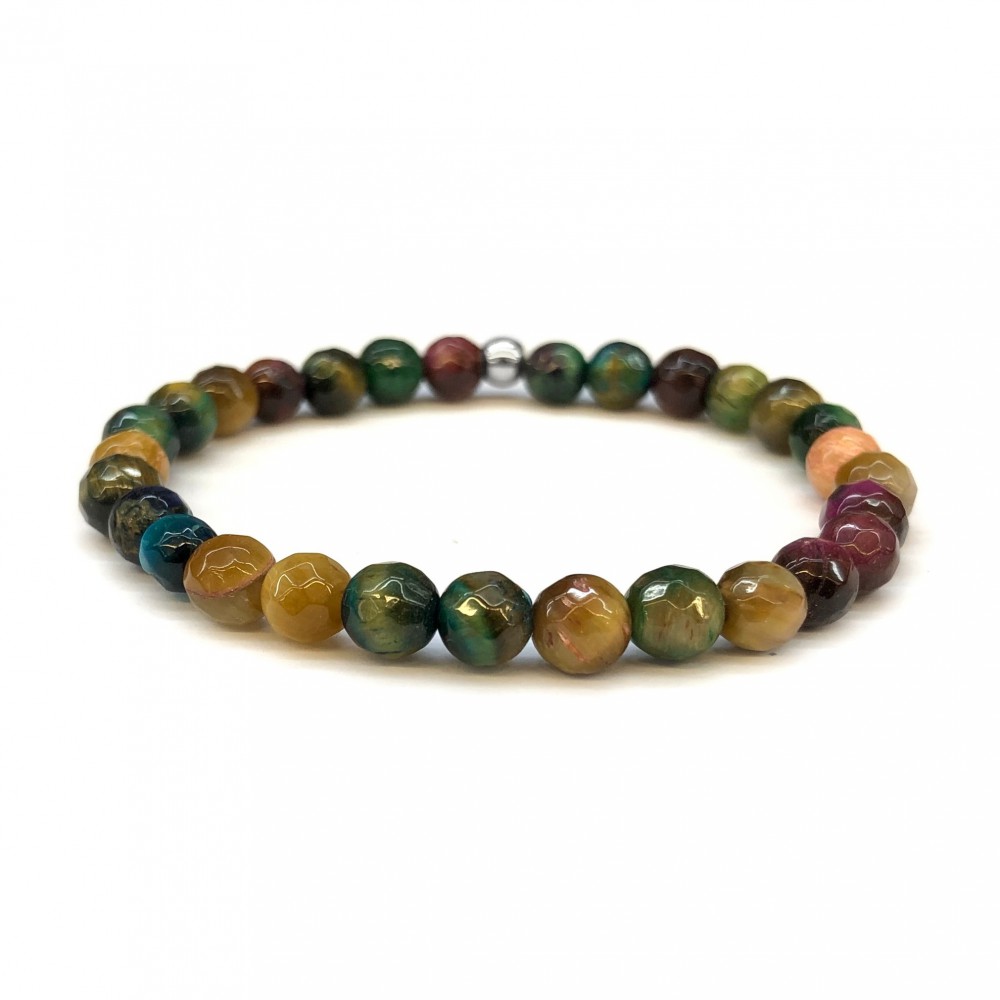 Μάτι της Τίγρης Multicolor (Tiger Eye) ελαστικό βραχιόλι με φυσικούς ημιπολύτιμους λίθους πολυγωνικές χάντρες 6mm Βραχιόλια με ημιπολύτιμους λίθους