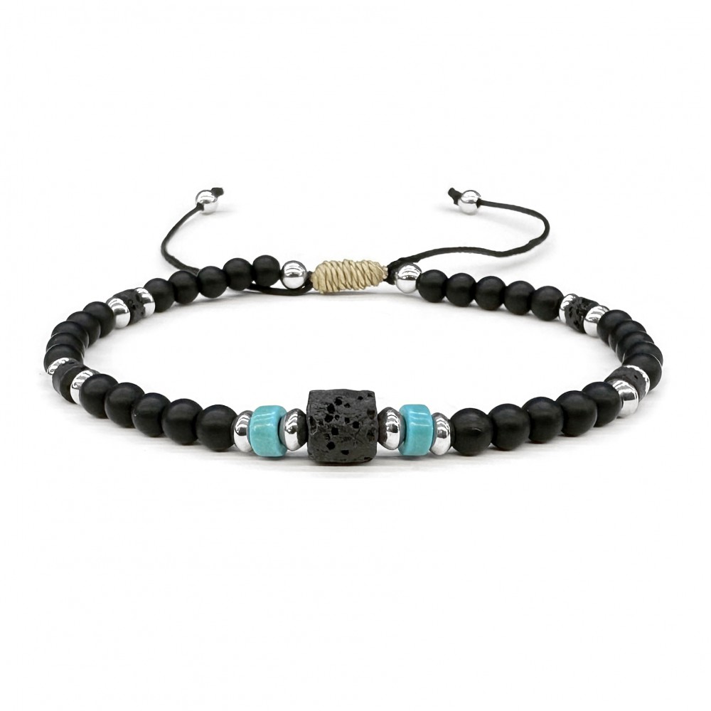 Όνυχας μαύρος ματ (Onyx) , Τυρκουάζ και Λάβα, βραχιόλι ρυθμιζόμενο με φυσικούς ημιπολύτιμους λίθους χάντρες 4mm Βραχιόλια με ημιπολύτιμους λίθους