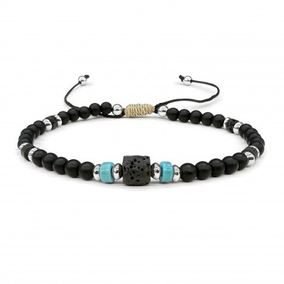 Όνυχας μαύρος ματ (Onyx) , Τυρκουάζ και Λάβα, βραχιόλι ρυθμιζόμενο με φυσικούς ημιπολύτιμους λίθους χάντρες 4mm