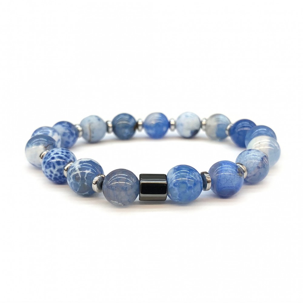 Αχάτης (Fire Dragon Vein Agate) μπλε ανοιχτό και αιματίτης ελαστικό βραχιόλι με φυσικούς ημιπολύτιμους λίθους χάντρες 8mm Βραχιόλια με ημιπολύτιμους λίθους