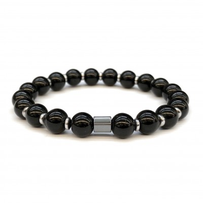 Όνυχας μαύρος (Onyx) και αιματίτης ελαστικό βραχιόλι με φυσικούς ημιπολύτιμους λίθους χάντρες 8mm