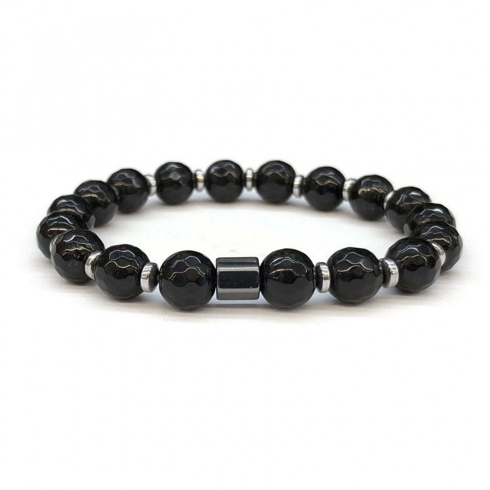 Όνυχας μαύρος (Onyx) και αιματίτης ελαστικό βραχιόλι με φυσικούς ημιπολύτιμους λίθους πολυγωνικές χάντρες 8mm Βραχιόλια με ημιπολύτιμους λίθους