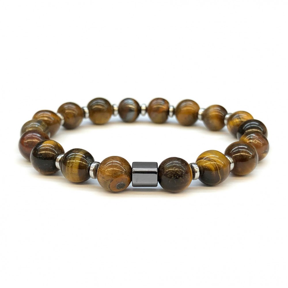 Μάτι της Τίγρης (Tiger Eye) και αιματίτης ασημί ελαστικό βραχιόλι με φυσικούς ημιπολύτιμους λίθους χάντρες 8mm Βραχιόλια με ημιπολύτιμους λίθους