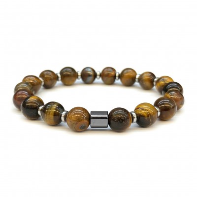 Μάτι της Τίγρης (Tiger Eye) και αιματίτης ασημί ελαστικό βραχιόλι με φυσικούς ημιπολύτιμους λίθους χάντρες 8mm