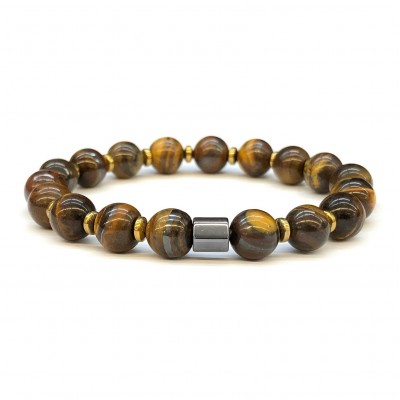 Μάτι της Τίγρης (Tiger Eye) και αιματίτης χρυσό ελαστικό βραχιόλι με φυσικούς ημιπολύτιμους λίθους χάντρες 8mm