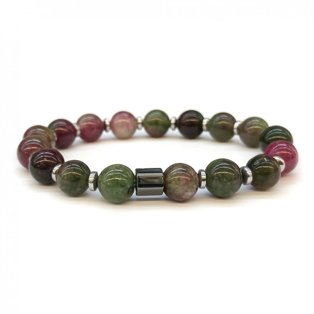Tourmaline multicolor and hematite elastic bracelet with natural semi precious beads 8mm Semi precious stone bracelets