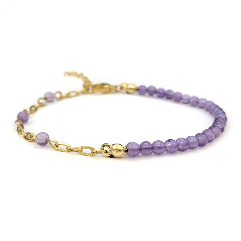 Amethyst bracelet with natural semi precious beads 3.5mm and stainless steel chain Semi precious stone bracelets