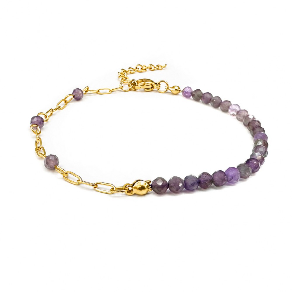 Αμέθυστος (Amethyst) βραχιόλι με φυσικούς ημιπολύτιμους λίθους πολυγωνικές χάντρες 3.5mm και αλυσίδα από ανοξείδωτο ατσάλι Βραχιόλια με ημιπολύτιμους λίθους