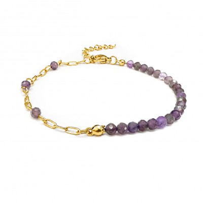 Αμέθυστος (Amethyst) βραχιόλι με φυσικούς ημιπολύτιμους λίθους πολυγωνικές χάντρες 3.5mm και αλυσίδα από ανοξείδωτο ατσάλι