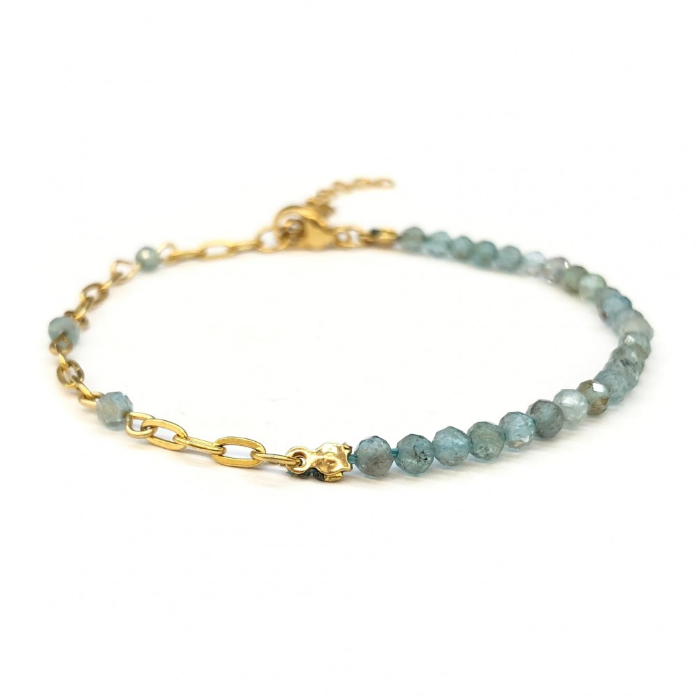 Ακουαμαρίν (Aquamarine) βραχιόλι με φυσικούς ημιπολύτιμους λίθους πολυγωνικές χάντρες 3mm και ατσάλινη αλυσίδα Βραχιόλια με ημιπολύτιμους λίθους