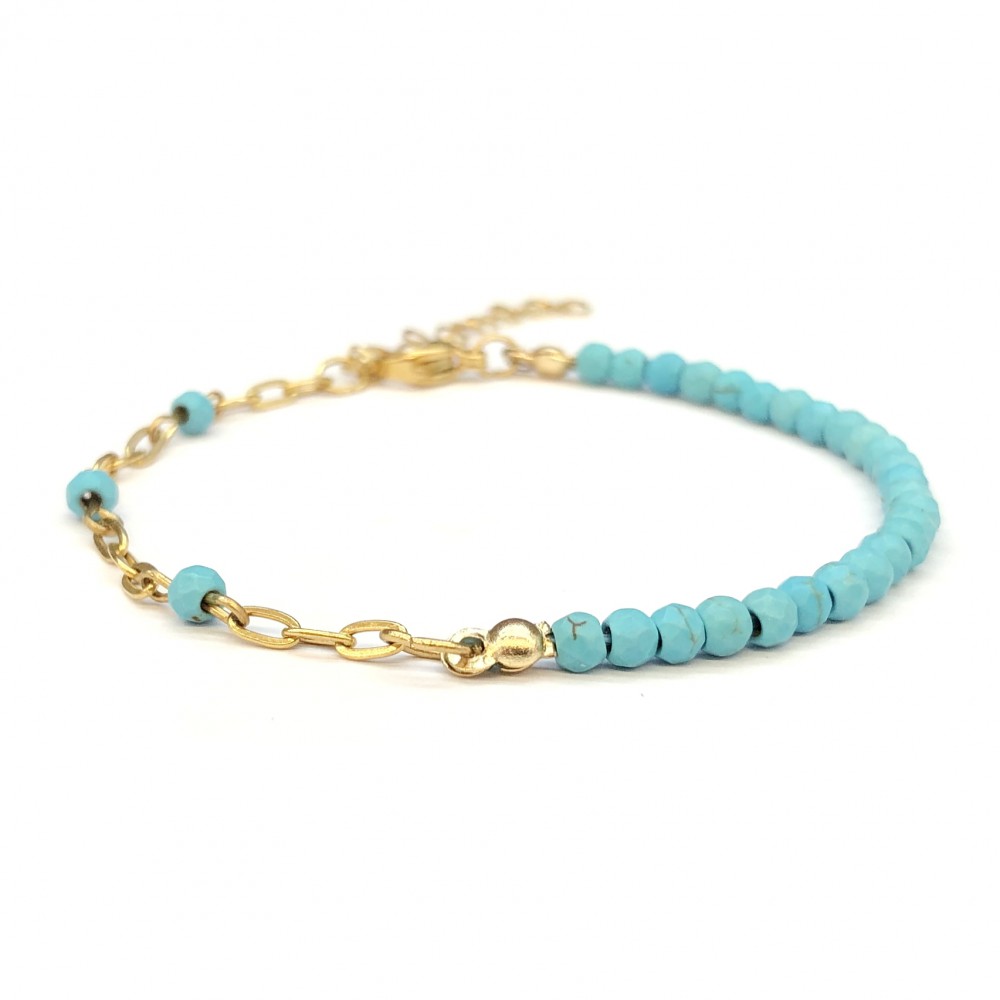 Τυρκουάζ Χαολίτης (Turqoise Howlite) βραχιόλι φυσικούς ημιπολύτιμους λίθους πολυγωνικές χάντρες 3mm και ατσάλινη αλυσίδα Βραχιόλια με ημιπολύτιμους λίθους
