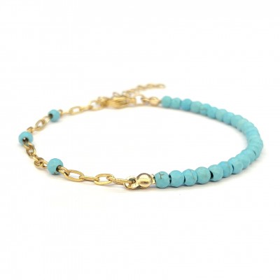 Τυρκουάζ Χαολίτης (Turqoise Howlite) βραχιόλι φυσικούς ημιπολύτιμους λίθους πολυγωνικές χάντρες 3mm και ατσάλινη αλυσίδα