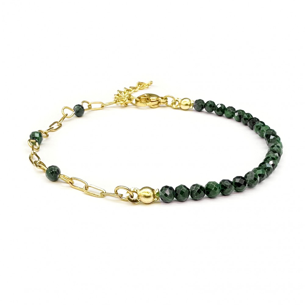 Μαλαχίτης πράσινος (Malachite) βραχιόλι με φυσικούς ημιπολύτιμους λίθους πολυγωνικές χάντρες 3mm και αλυσίδα από ανοξείδωτο ατσάλι Βραχιόλια με ημιπολύτιμους λίθους