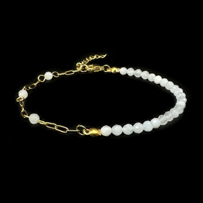 Moonstone white bracelet with natural semi precious faceted beads 3.5mm and stainless steel chain