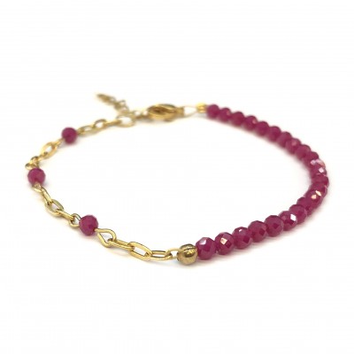 Ρουμπίνι (Ruby Tanzania) βραχιόλι με φυσικούς πολύτιμους λίθους χάντρες πολυγωνικές 3mm και αλυσίδα από ανοξείδωτο ατσάλι
