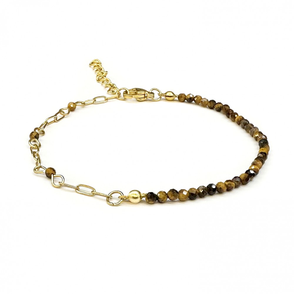 Μάτι της Τίγρης (Tiger Eye) βραχιόλι με φυσικούς ημιπολύτιμους λίθους πολυγωνικές χάντρες 2.5mm και αλυσίδα από ανοξείδωτο ατσάλι Βραχιόλια με ημιπολύτιμους λίθους