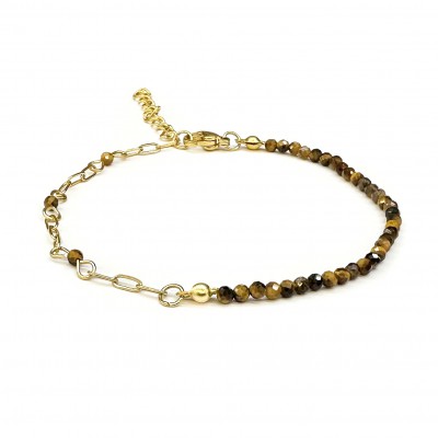 Μάτι της Τίγρης (Tiger Eye) βραχιόλι με φυσικούς ημιπολύτιμους λίθους πολυγωνικές χάντρες 2.5mm και αλυσίδα από ανοξείδωτο ατσάλι