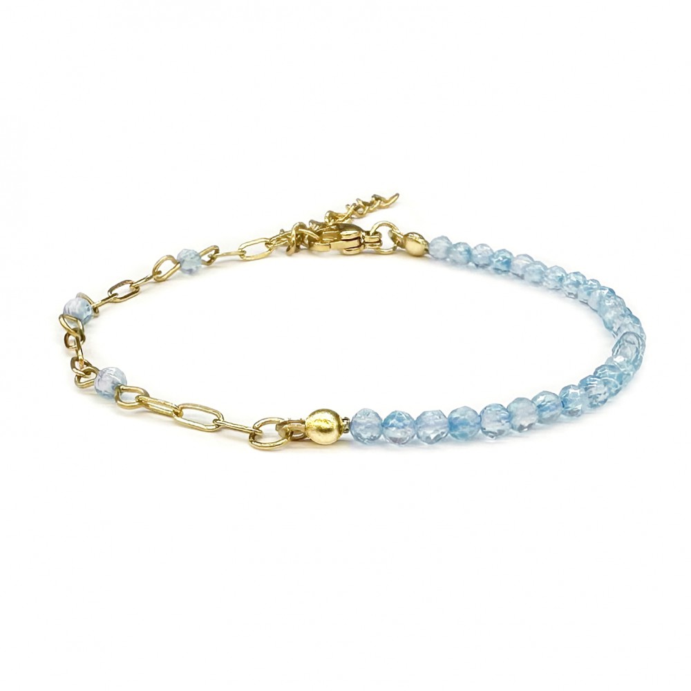 Τοπάζι μπλε (Blue Topaz) βραχιόλι με φυσικούς ημιπολύτιμους λίθους πολυγωνικές χάντρες 3mm και αλυσίδα από ανοξείδωτο ατσάλι Βραχιόλια με ημιπολύτιμους λίθους