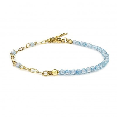 Τοπάζι μπλε (Blue Topaz) βραχιόλι με φυσικούς ημιπολύτιμους λίθους πολυγωνικές χάντρες 3mm και αλυσίδα από ανοξείδωτο ατσάλι
