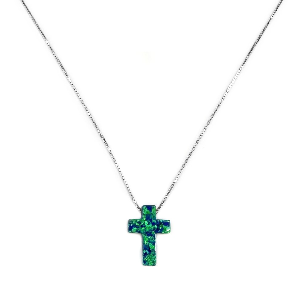 Κολιέ Σταυρός Οπάλιο Πράσινο (Galaxy Green Opal) με αλυσίδα από ασήμι 925 Κολιέ