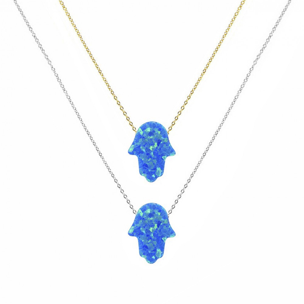 Κολιέ Hamsa Οπάλιο Μπλε (Galaxy Blue Opal) με αλυσίδα από ασήμι 925 Κολιέ