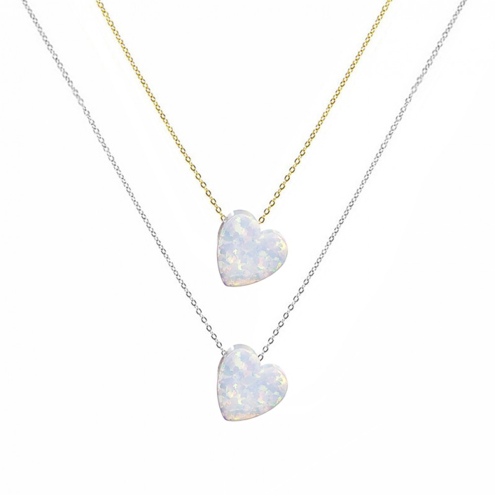 Κολιέ Καρδιά Οπάλιο Λευκό (Galaxy White Opal) με αλυσίδα από ασήμι 925 Κολιέ