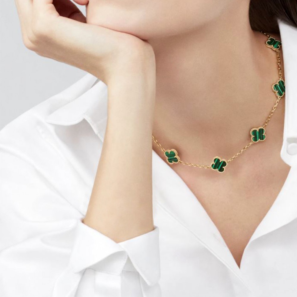 Κολιέ τύπου Van Cleef Μαλαχίτης (Malachite) με αλυσίδα από ασήμι 925 Κολιέ