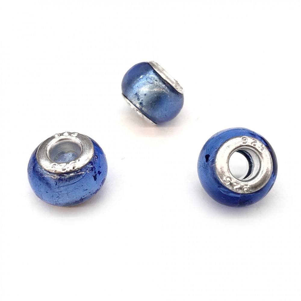 Γυάλινη χειροποίητη χάντρα Murano μπλε χρώμα 14x10mm με Ασήμι 925 με μεγάλη τρύπα Γυάλινες Χάντρες