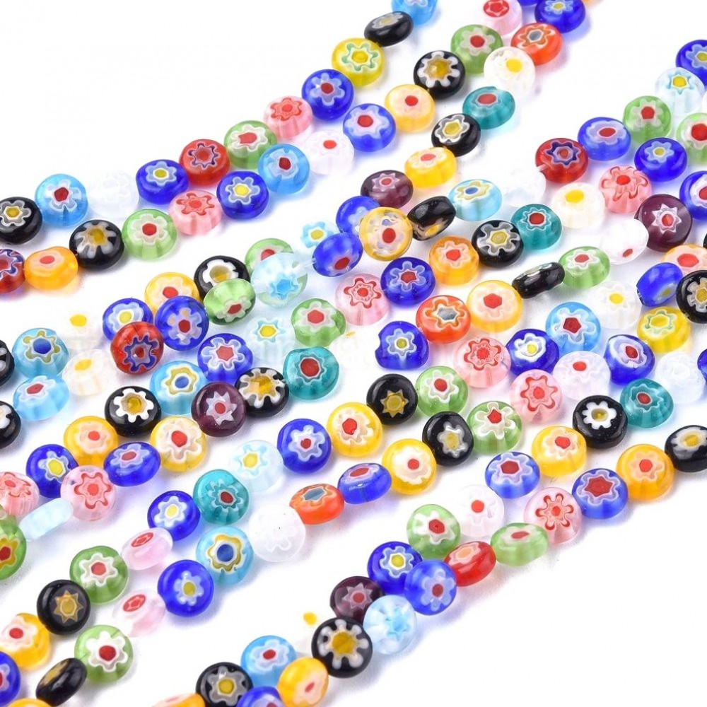 Millefiori Murano χειροποίητες γυάλινες πλακέ χάντρες μικτά χρώματα 6mm/ 8mm (σειρά/36∽37cm) Γυάλινες Χάντρες