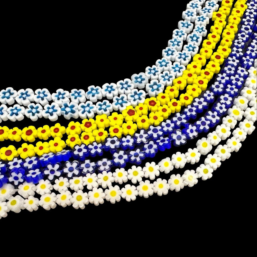 Millefiori Murano χειροποίητες γυάλινες πλακέ χάντρες σχήμα λουλούδι 7∽8mm (σειρά/37∽39cm/ 50∽60 χάντρες) Γυάλινες Χάντρες