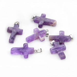 Amethyst natural semi precious hanging stone cross 25x18mm Crosses