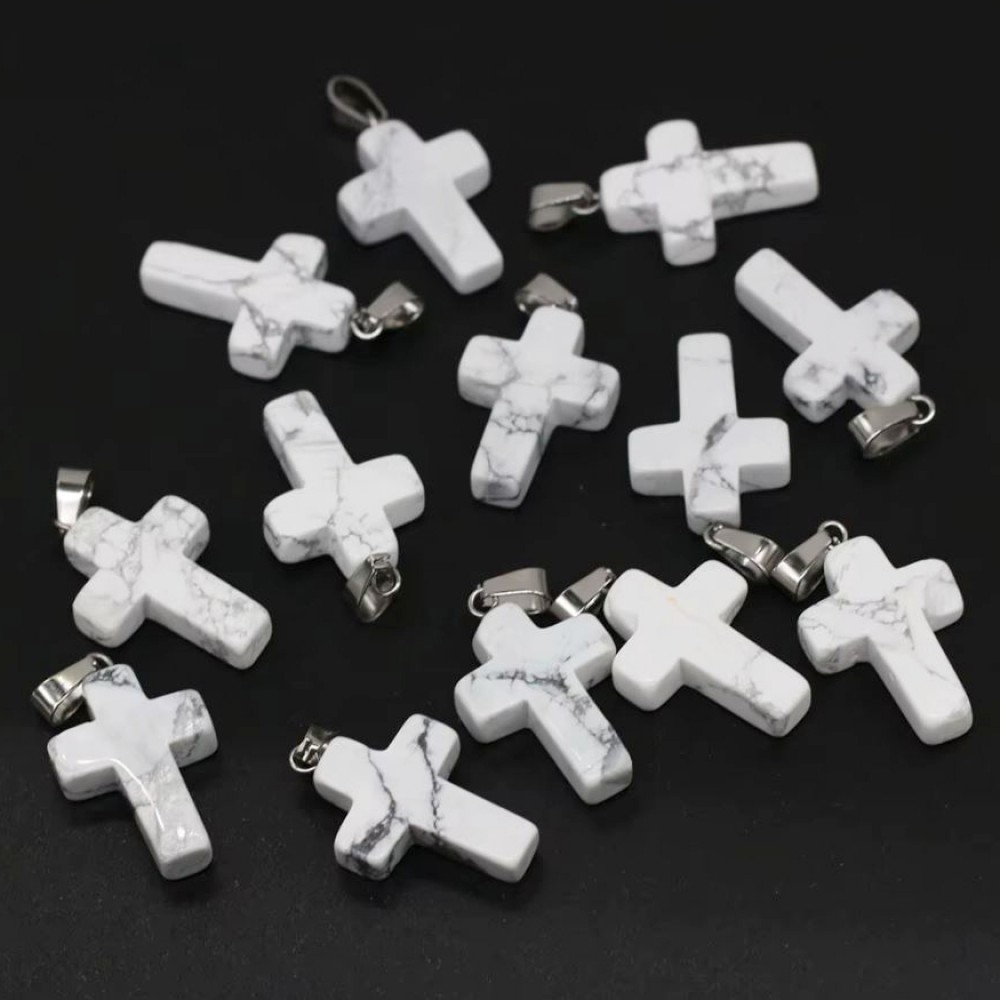 Χαολίτης λευκός (white Howlite) φυσικός ημιπολύτιμος λίθος κρεμαστός σταυρός 25x18mm Σταυροί