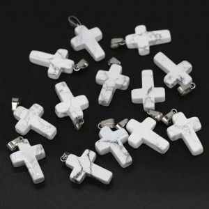 Χαολίτης λευκός (white Howlite) φυσικός ημιπολύτιμος λίθος κρεμαστός σταυρός 25x18mm Σταυροί