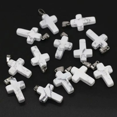 Χαολίτης λευκός (white Howlite) φυσικός ημιπολύτιμος λίθος κρεμαστός σταυρός 25x18mm