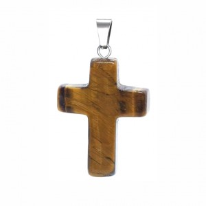 Tiger Eye natural semi precious hanging stone cross 25x18mm Crosses