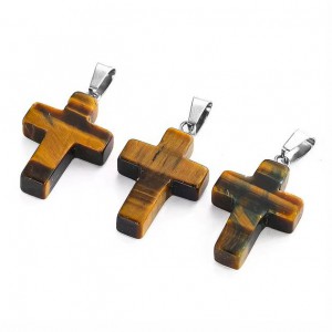 Tiger Eye natural semi precious hanging stone cross 25x18mm Crosses