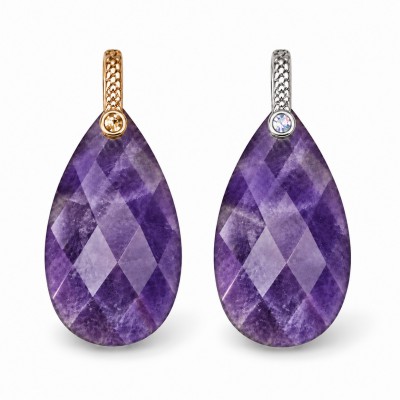 Αμέθυστος (Amethyst) φυσικός ημιπολύτιμος λίθος κρεμαστό μακρύ δάκρυ ταγιέ με στράς 25x13mm