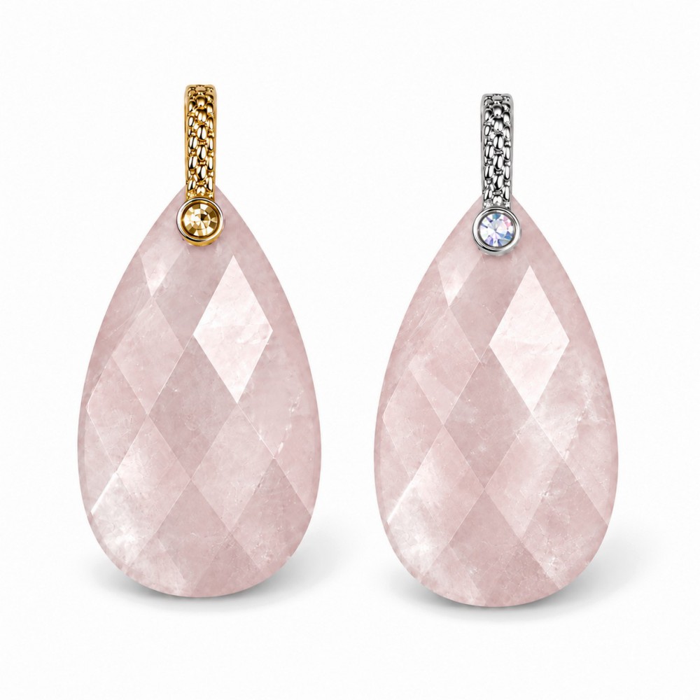 Χαλαζίας ροζ (Rose Quartz) φυσικός ημιπολύτιμος λίθος κρεμαστό μακρύ δάκρυ ταγιέ με στράς 25x13mm Μακρύ Δάκρυ Ταγιέ Κρεμαστοί Λίθοι