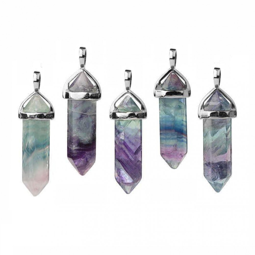 Φθορίτης (Fluorite Rainbow) φυσικός ημιπολύτιμος λίθος κρεμαστό εξαγωνικό πρίσμα διπλή αιχμή 40mm Πρίσμα Εξαγωνικό Κρεμαστοί Λίθοι
