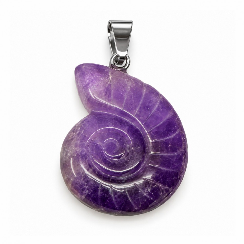 Αμέθυστος (Amethyst) φυσικός ημιπολύτιμος λίθος κρεμαστός σε σχήμα κοχύλι Nautilus σκαλιστό 27x22mm Κοχύλι Κρεμαστοί Λίθοι