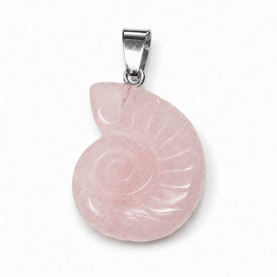 Χαλαζίας ροζ (Rose Quartz) φυσικός ημιπολύτιμος λίθος κρεμαστός σε σχήμα κοχύλι Nautilus σκαλιστό 27x22mm