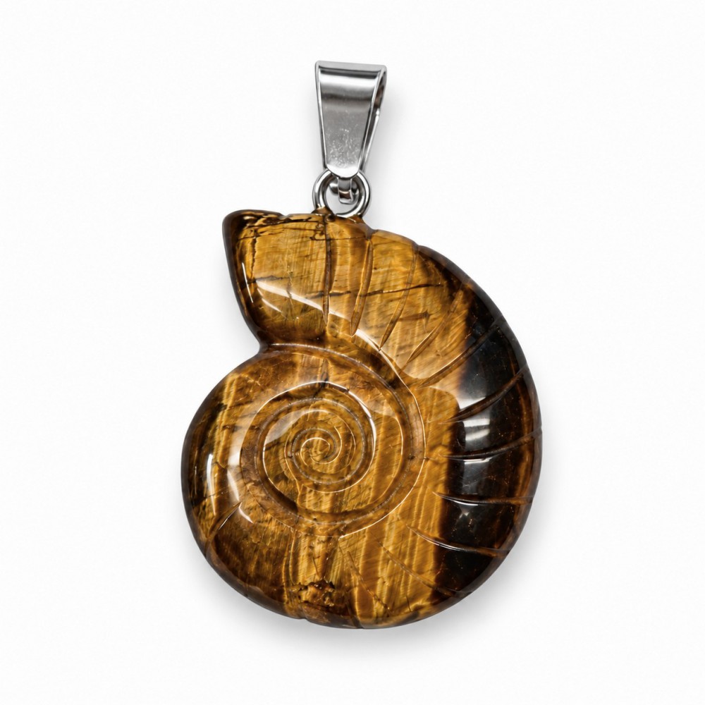 Μάτι της Τίγρης (Tiger Eye) φυσικός ημιπολύτιμος λίθος κρεμαστός σε σχήμα κοχύλι Nautilus σκαλιστό 27x22mm Κοχύλι Κρεμαστοί Λίθοι