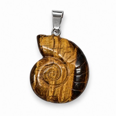 Μάτι της Τίγρης (Tiger Eye) φυσικός ημιπολύτιμος λίθος κρεμαστός σε σχήμα κοχύλι Nautilus σκαλιστό 27x22mm